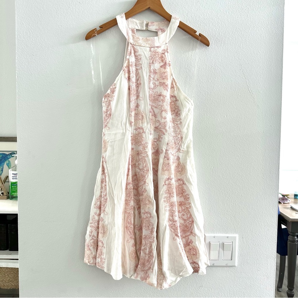 Chelsea & Violet Cream & Peach Linen Gauze Embroidered Flared Dress, Size M